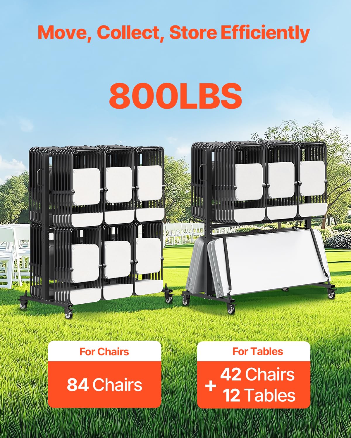 VEVOR Folding Chair Rack, 800 LBS Capacity, Heavy-Duty Chair Cart for 84 Chairs/ 12 Tables+42 Chairs, Dual-Layer Chair Storage Dolly with Rubber Wheels and Holders, Large Chair Holder, Matte Black