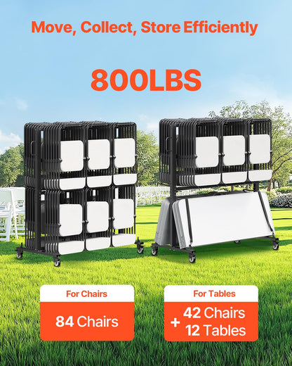 VEVOR Folding Chair Rack, 800 LBS Capacity, Heavy-Duty Chair Cart for 84 Chairs/ 12 Tables+42 Chairs, Dual-Layer Chair Storage Dolly with Rubber Wheels and Holders, Large Chair Holder, Matte Black