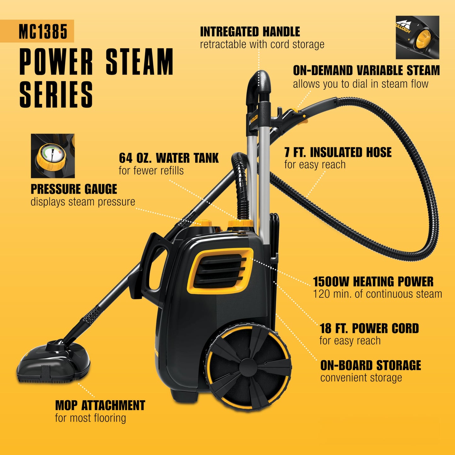 McCulloch MC1385 Deluxe Canister Steam Cleaner, 2-Hour Runtime, Chemical-Free, 23 Accessories: Mop Head, Brushes & More - Built for Home, Tile, Carpet, Furniture, & Personal Car Detailing