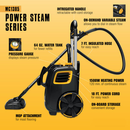 McCulloch MC1385 Deluxe Canister Steam Cleaner, 2-Hour Runtime, Chemical-Free, 23 Accessories: Mop Head, Brushes & More - Built for Home, Tile, Carpet, Furniture, & Personal Car Detailing