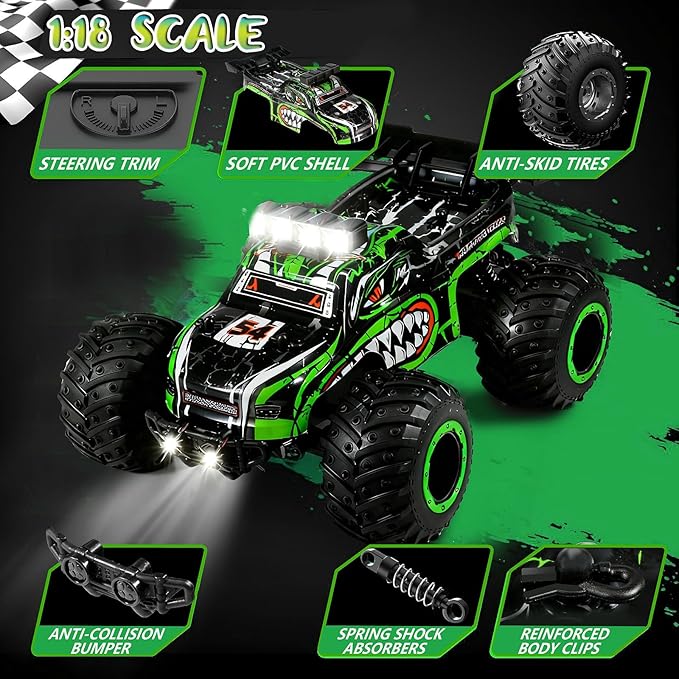 Remote Control Monster Truck for Kids: Off-Road RC Car with Headlights &amp Body Lights 1:18 20 km/h 2WD 2.4 GHz All-Terrain Rechargeable High-Speed - Birthday for Boys Ages 4-12