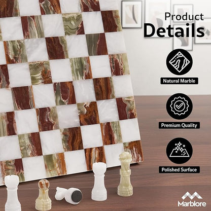 Marble Chess Set 10 Inch White &amp Green Travel Chess Board with 32 Pieces &amp 2 Extra Queens Handcrafted Classic 2 Player Chess Game for Adults