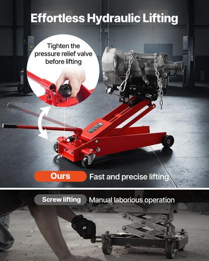 VEVOR Adjustable Floor Transmission Jack 1000 LBS Low Profile Hydraulic Transmission Telescoping Heavy-Duty Lift Jack 6.3-25.2 in Lifting Height, 360° Swivel Front Wheels