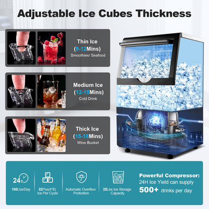 Amzgachfktch Commercial Ice Maker, 100lbs/24H Ice Maker Machine, Auto Self-Cleaning, LED Digital Display, Blue Light, Under Counter/Freestanding Ice Machine for Home/Office/Restaurant/Bar