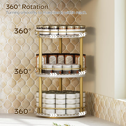 3-Tier Lazy Susan Organizer, Rotating Spice Rack, Spinning Organizer, Industrial Turntable Spice Rack Organizer for Cabinet, Kitchen Countertop, Pantry, Rustic Brown and Black SR23BR