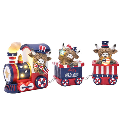 Valery Madelyn 4th of July Highland Cow Train Decorations Lighted LED Memorial Day Decor for Home, High Mountain Yak Train Figurines Red White and Blue Decorations, Patriotic USA 250th Anniversary