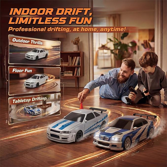 [2026 New Upgrade 1/43 Scale Mini RC Drift Car with Gyroscope Toys for Age 8-14 Old Birthday Gifts Micro Small with Full Proportional RTR 2.4GHz Remote 2 Tire Sets 8 Cones - Silver Blue