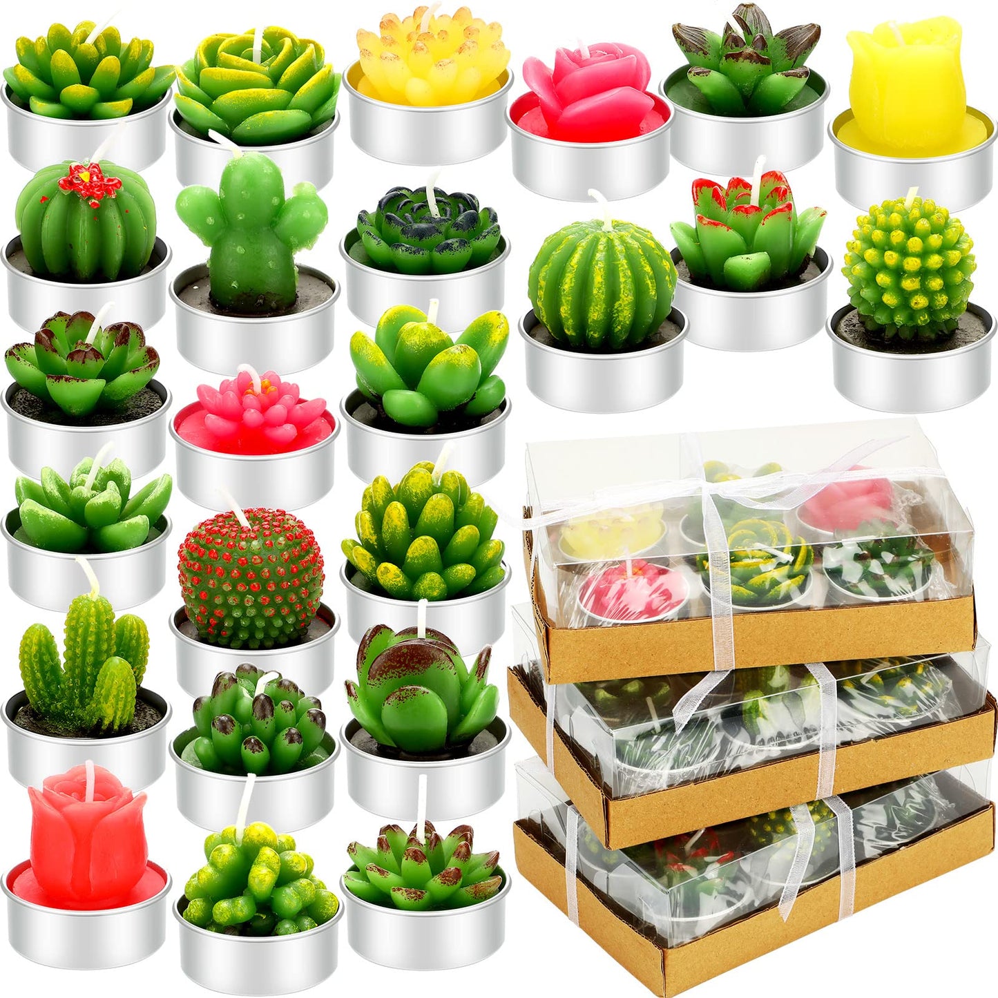 Shihanee 48 Pcs Succulent Cactus Tealights 24 Styles Handmade Mini Plant Tealight Candles Bulk Unscented Smokeless for Wedding Spa Graduation Baby Shower Housewarming Gifts Mexican Party Favors