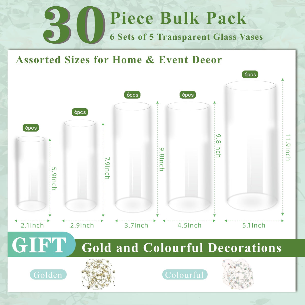 Zomiol 30pcs Glass Cylinder Vase for Centerpieces, 6,8,10,10,12 inch Tall Big Clear Flower Vase Bulk Floating Candle Holder for Wedding Table Home Décor and Party