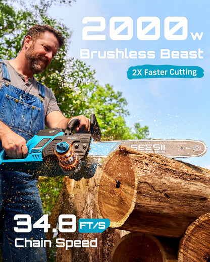 SEESII 40V 16-Inch Cordless Chainsaw: Brushless Electric Chain Saws with 2×4.0Ah Batteries & Charger, Tool-Free Chain Tension, Auto Oiling, for Tree Trimming, Wood Cutting, Yard Work
