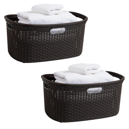 Mind Reader 40L Laundry Basket, Clothes Hamper, Wicker Design, Plastic, 23"L x 14.5"W x 11"H, Set of 2, Brown