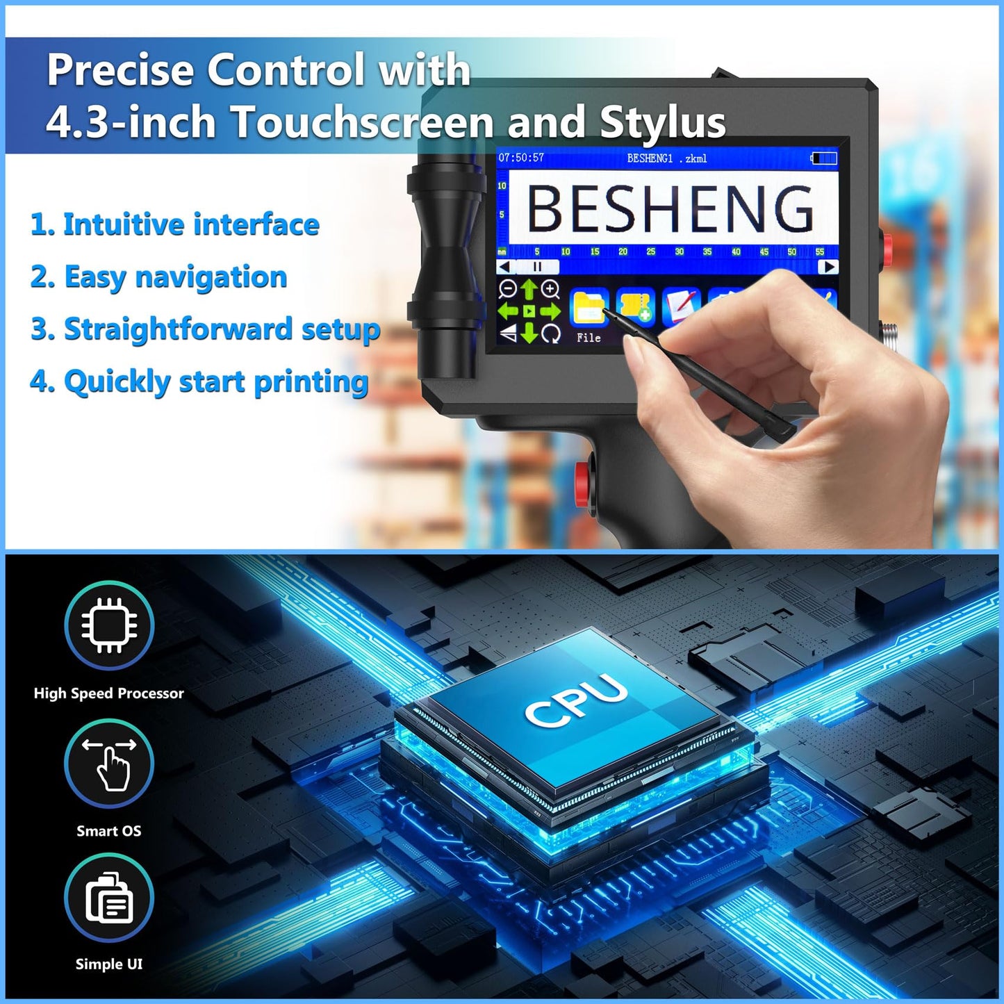 BESHENG Handheld Inkjet Printer Gun PT3000 Printing Height 0.08-0.5Inch Inkjet Coder with Original Fast-Drying Ink for Text QRCode/Barcode/Batch Number/Label/Image/Date Printer with Touch Screen
