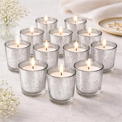 Hosley Set of 24 Silver Mercury Filled Glass Votive Candles. Ideal Gift for Weddings, Bridal Showers, Parties, Home Decor, and Special Events