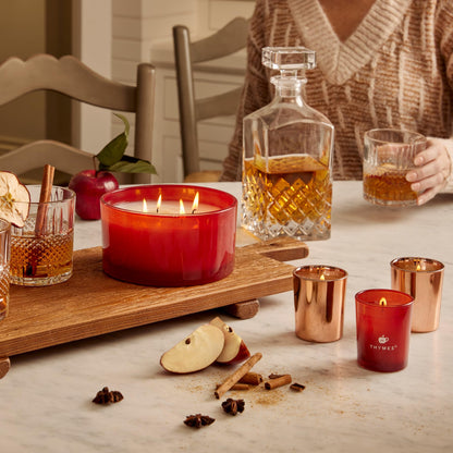 Thymes Aromatic Votive Trio – Set of Three Votive Candles – Luxury Home Fragrance – Scented Candles with Notes of Freshly Pressed Apple, Clove, & Cardamom – Red & Rose Gold (Simmered Cider, 2 oz Each)