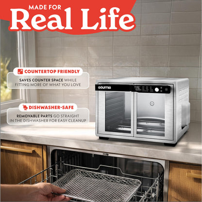 Gourmia French Door Air Fryer Oven - 37 Qt Large Capacity Convection Toaster Oven, FryForce 360°, Digital Display, 12 Cooking Presets, Dehydrate, Fits 13” Pizza, Dishwasher-Safe, Stainless Steel