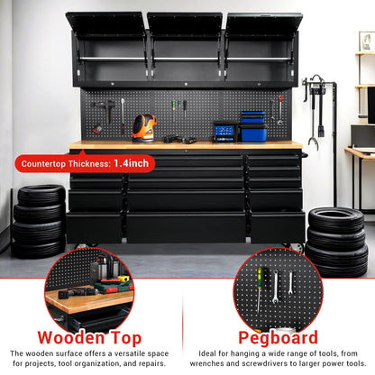 CT Copper Tailor 72-inch Tool Chest Cabinet Rolling Garage Workbench with 15 Storage Drawers and Wheels, 3 Upper Cabinet, Pegboard, Steel Large Tool Box,Matte Black