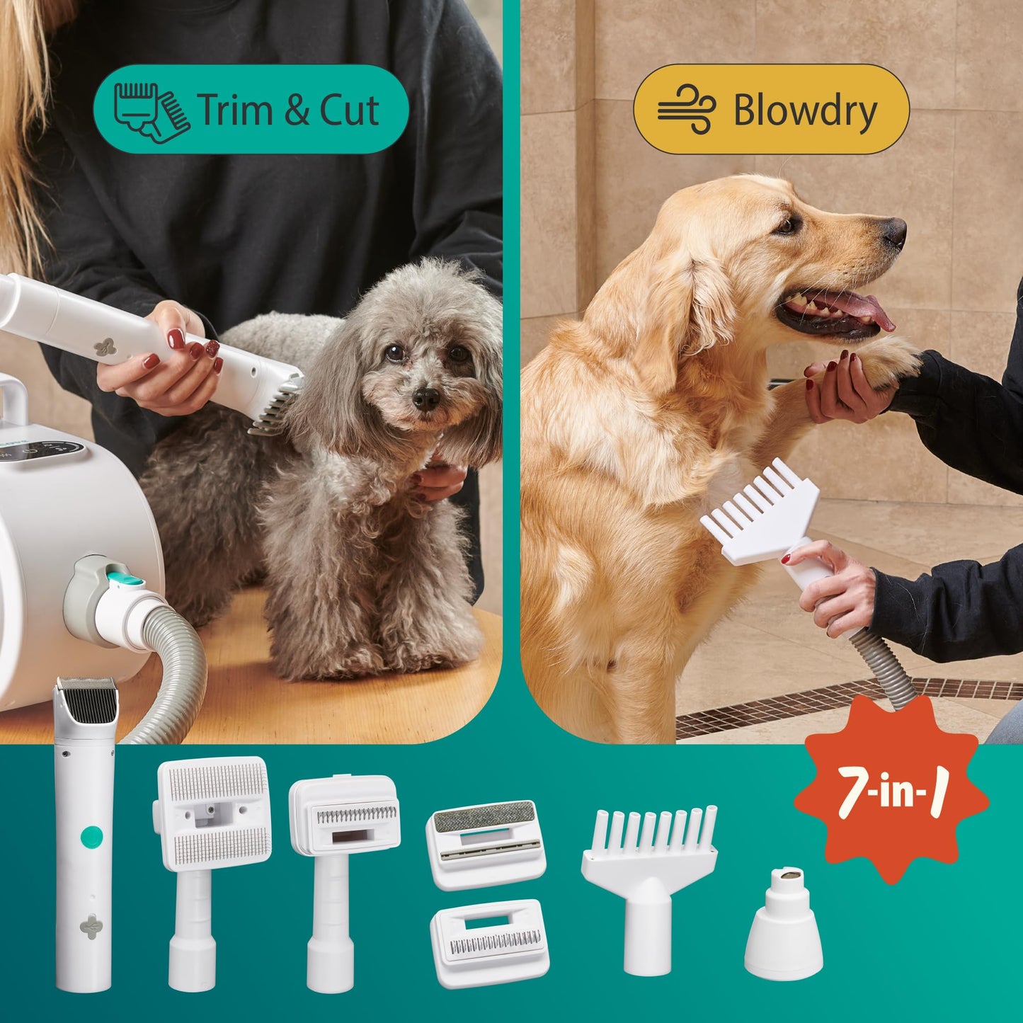 PetCove Dog Grooming Kit – Pet Clippers, Nail Grinder & Blow Dryer with Quiet 3-Speed Suction, 3 Heat Settings, 2.6L Dog Hair Vacuum Dust Bin, HEPA System, Self-Cleaning Brushes