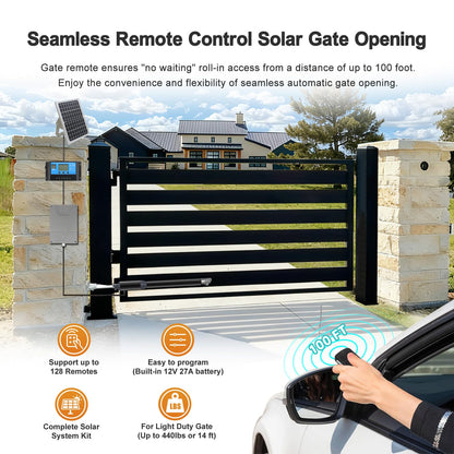GYXEL Solar Single Gate Opener with Batteries & Solar Panel + Wireless Gate Keypad for Single Swing Gates Up to 440lb with Remote Complete Kit PKM-C01-L