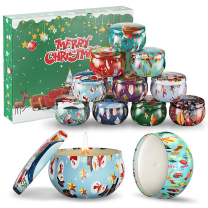 Christmas Candles Gifts Set for Women, Primevolve Scented Candles for 12 Bulk Home Aromatherapy, Strongly Fragrance Long Lasting Portable Travel Tin for Spa Bath Yoga