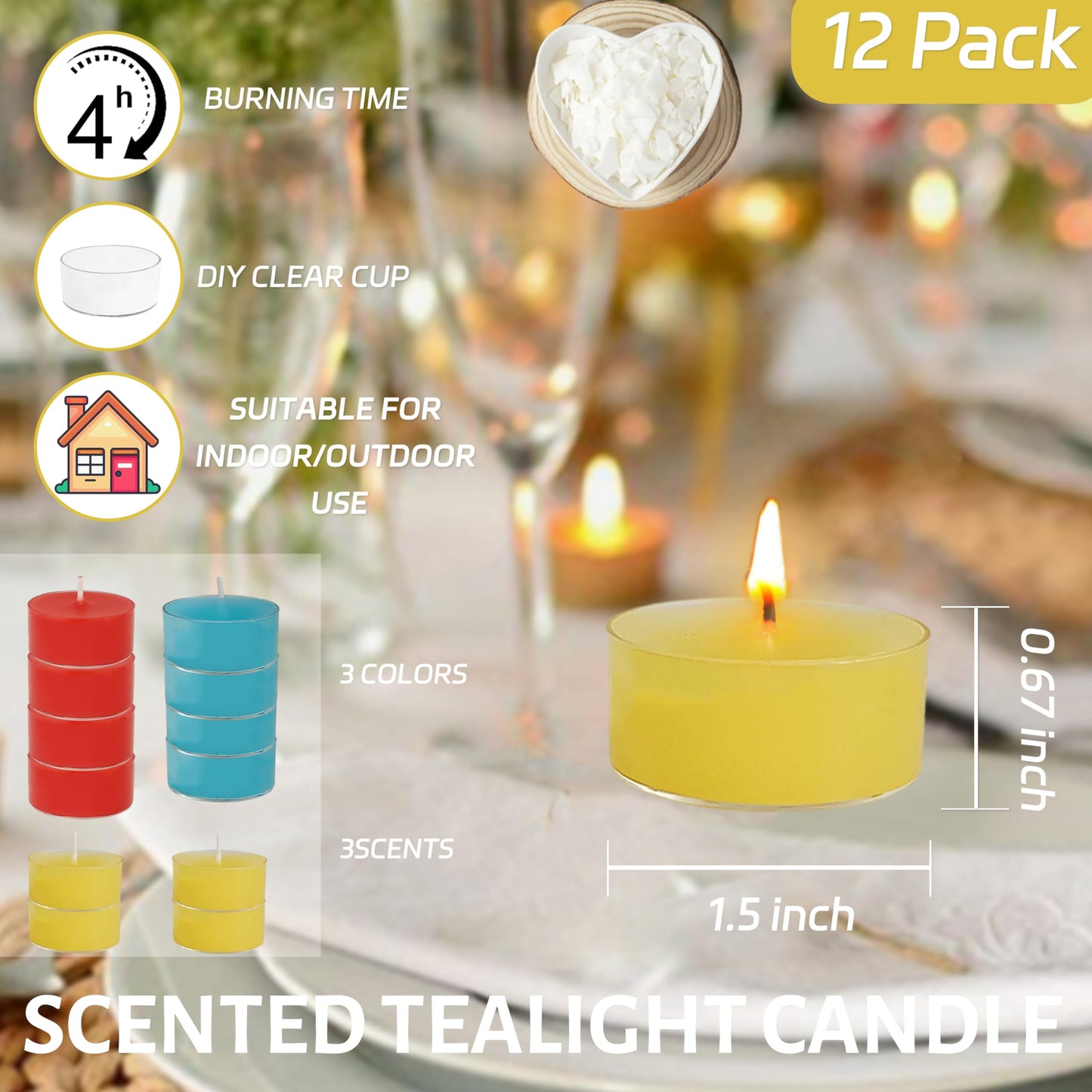Scented Tea Light Candles 12 Pack Hand Poured 3 Color Smokeless 4 Hours Clean Burning Small Round Clear Cups Tealight Candles for Romantic Dinners Wedding Centerpieces Cozy Evenings