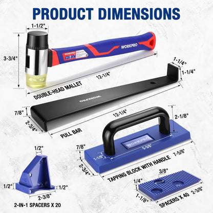 WORKPRO 63-Piece Laminate Flooring Tools, 5-in-1 Vinyl & LVP Flooring Installation Kit with Tapping Block with Handle, Heavy Duty Pull Bar, Double-Faced Mallet & 60-Piece Spacers for Pros & DIY Users