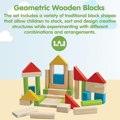 PlanToys® 40 Unit Blocks Wooden Montessori Building and Stacking Toy | Early STEM Fine Motor Creativity and Problem Solving Activity | Eco Friendly Educational Open Ended Play Set