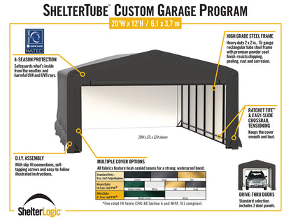 ShelterLogic ShelterTube Garage & Storage Shelter, 20' x 23' x 12' Heavy-Duty Steel Frame Wind and Snow-Load Rated Enclosure, Gray