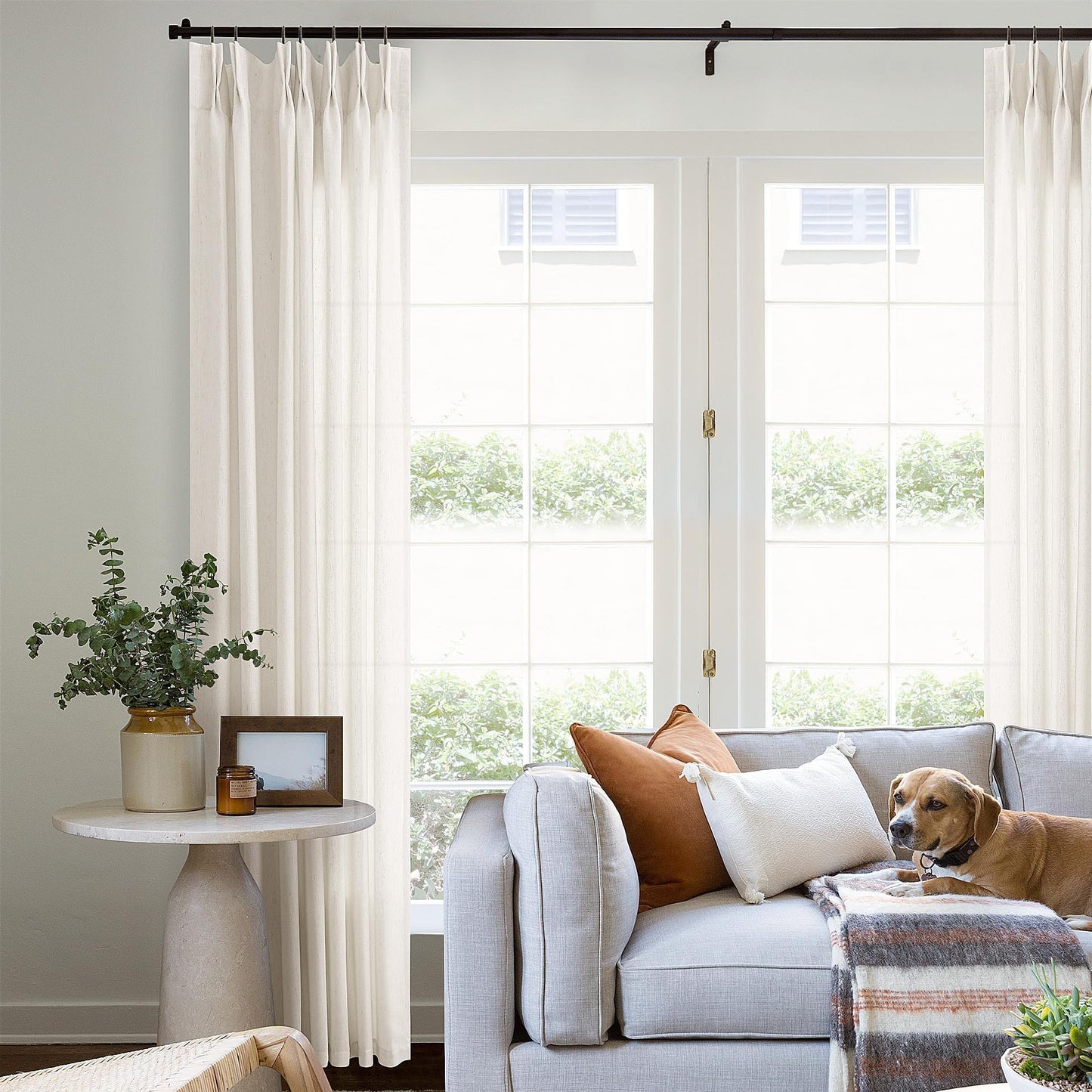Pinch Pleated Linen Curtains 102 Inch long Memory Shape Training Pleat Drape with Hooks Rings Back Tab for Living Room Patio Glass Door Modern Neutral Cream Ivory Birch Semi Sheer 102 Inch Curtain