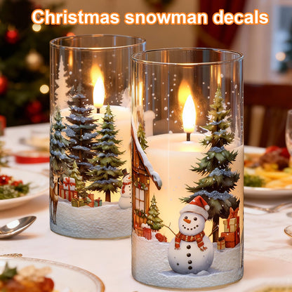 KunSween Christmas Candles with Remote Timer, Set of 2 LED Glass Flameless Candles Battery Operated with Cedar, Snowman, Reindeer, Snowy House Decals for Holiday Winter Party Home Decor(D6” x H3”)