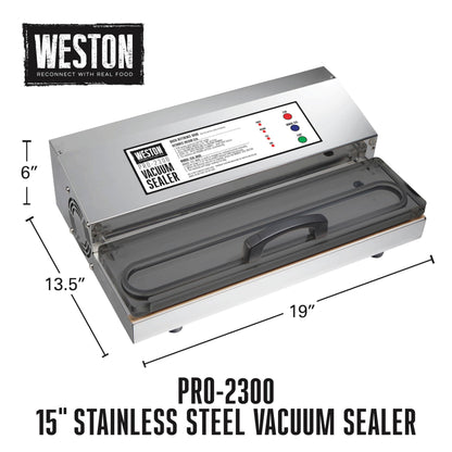 Weston Brands Vacuum Sealer Machine for Food Preservation & Sous Vide, Extra-Wide 5mm Bar for Sealing Bags up to 15" Wide, 1020 Watts, Commercial Grade Pro 2300, Stainless Steel (65-0220-W)