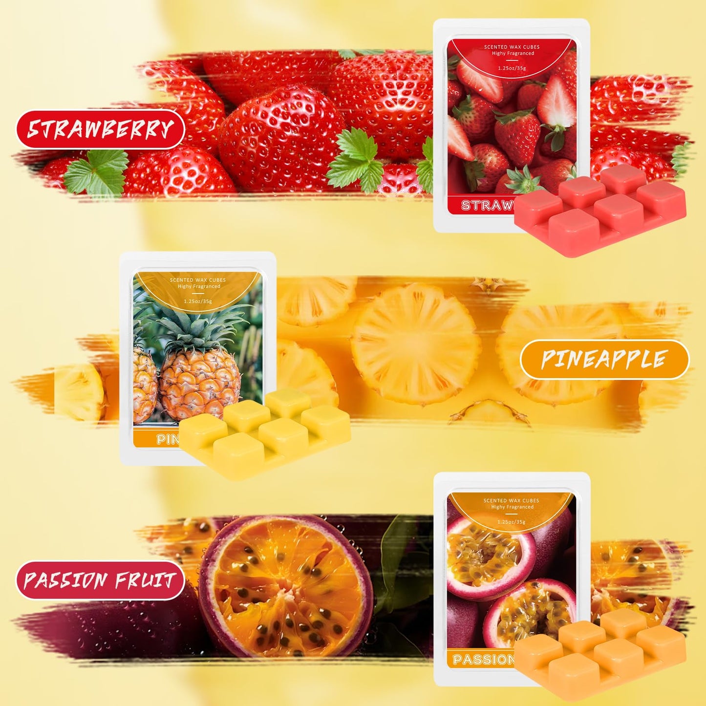 SCENTORINI Wax Melts, Scented Wax Cubes Strong Scent, Summer Scents Soy Wax for Wax Warmer - Pineapple, Watermelon, Strawberry, Mango, Passion Fruit, Mint, 6 Pack