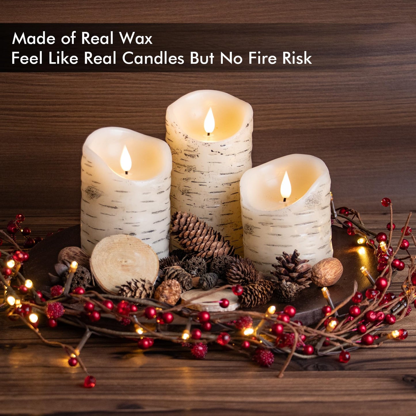 Fanna Set of 3 Flameless LED Birch Bark Candles with Timer, Battery Operated Wax Candles with Remote for Christmas, 6 Batteries Included - H 4"/5"/6"