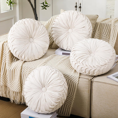 Beeveer 4 Pcs Round Throw Pillows 15 Inch Decorative Velvet Pleated Pumpkin Pillows Boho Floor Pillow with Center Button for Living Room Couch Chair Bed Sofa Home Decoration (Ivory)
