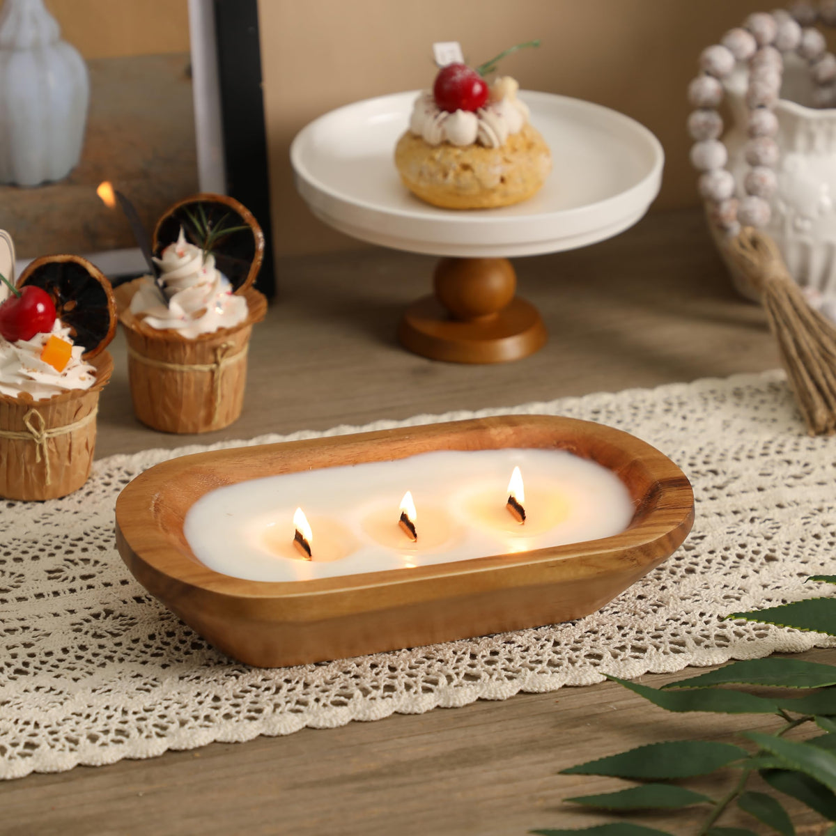 Wooden Bowl Candle 10 Inch, Soy Large Farmhouse Candle for Table, Vanilla Spice Scented, 3 Wood Wicks, Christmas Candle Gifts for Men & Women