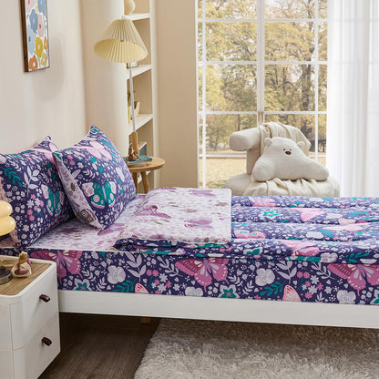 Anibedding 3Pcs Zip Up Bedding Comforter Set for Girls, Purple Butterfly All in One Zipper Twin Bedding Set with Pillowcase for Kids