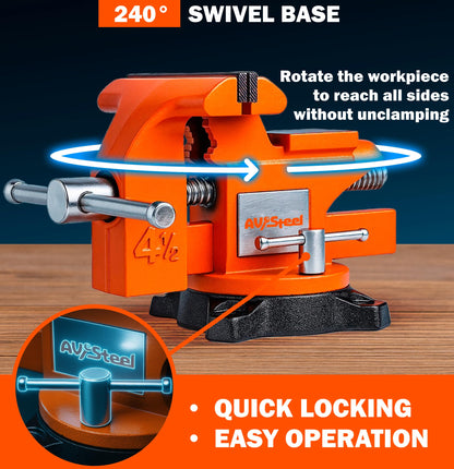 AV Steel 4-1/2" Bench Vise with 240° Flexible Swivel Locking Base and Anvil, High-Strength Multi-Purpose Workbench Vise Heavy-Duty, Cast Iron Workbench for Woodworking, Drilling, Pipe Cutting