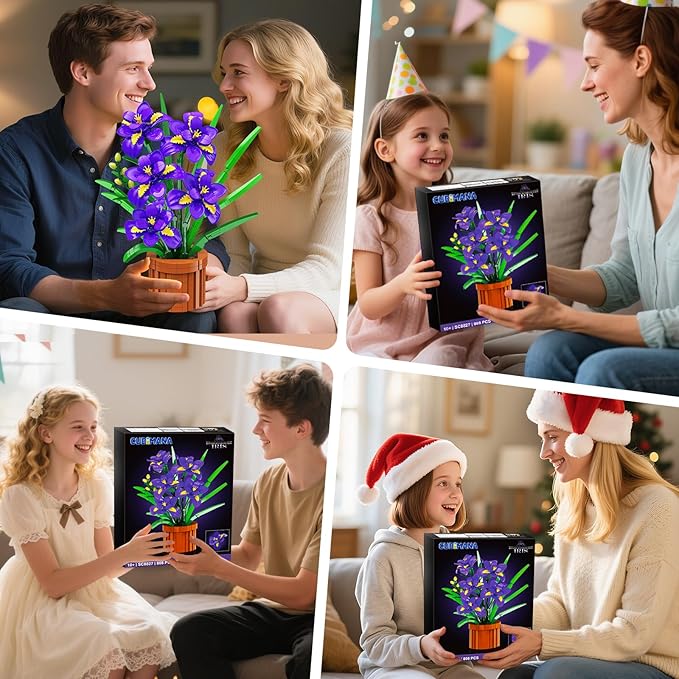Flowers Botanicals Iris Building Set - Easter Artificial Purple Bonsai Plant for Home Office Décor 808PCS Flower Building Kit Indoor Decoration Floar Gift for Adults Wife Girlfriend Mom