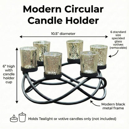 Seraphic Centerpieces for Table Decorations - Round Candle Holders for Outdoor Patio, Dining, Kitchen, Coffee & Wedding Table Decor, Black Iron Candelabra, 6 Gold Glass Votive Tealight Cups