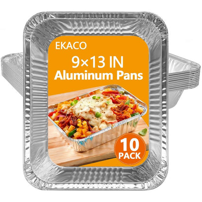 EKACO Thickened 9x13 Aluminum Pans, 10 Pack Heavy Duty & Extra Deep Disposable Aluminum Foil Pans, Disposable Half Size Foil Baking Tray for Cooking, Meal Prep, Baking, Roasting