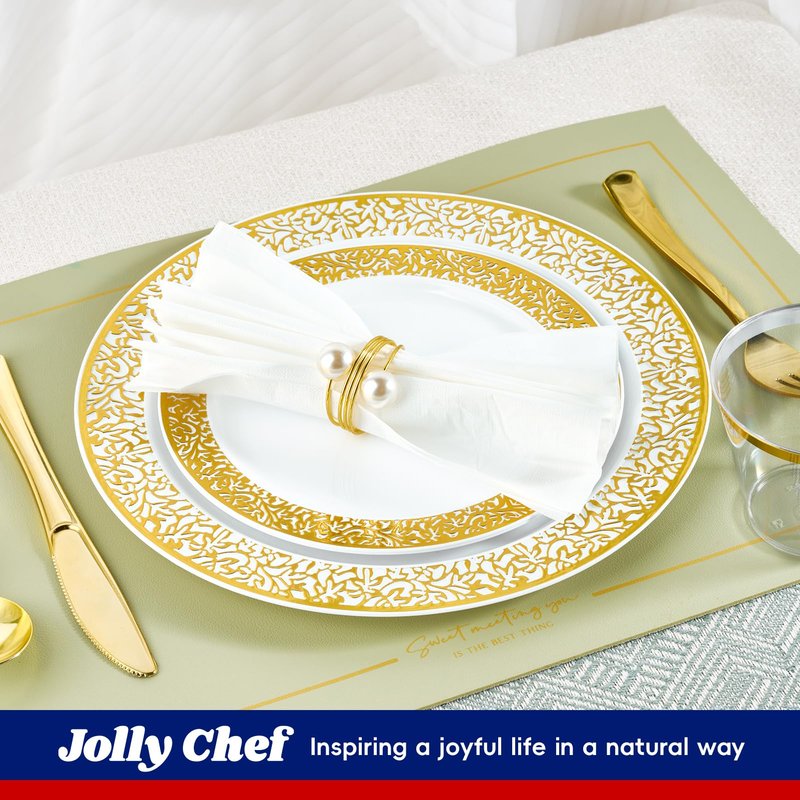 150 Count Gold Plastic Dinnerware Set, Elegant Disposable Include: 25 Gold Lace Plastic Plates, 25 Dessert Plates, 25 Forks, 25 Knives, 25 Spoons, 25 Cup, Ideal for Party, Birthday and Thanksgiving
