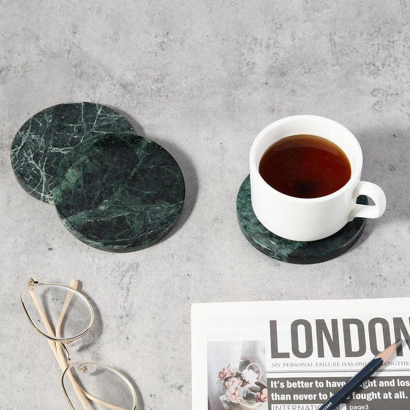 Koville Marble Coaster Set of 4, Round Coasters, 4" Stone Coaster for Drinks Coffee, White Marble Coasters for Coffee Table Home Bar Decor, Heat Resistant, Gift Choice(Green)