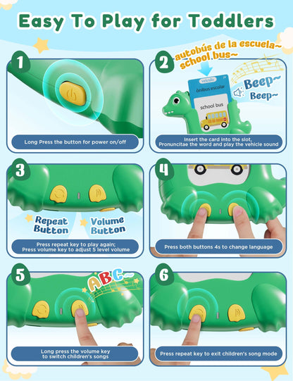 Portuguese and English Talking Flash Cards for Kids, 510 Sight Words Bilingual Learning Toys for Toddlers, Brazilian Portuguese Alphabet Flashcards Pocket Speech Therapy Toys, Dinosaur Shaped