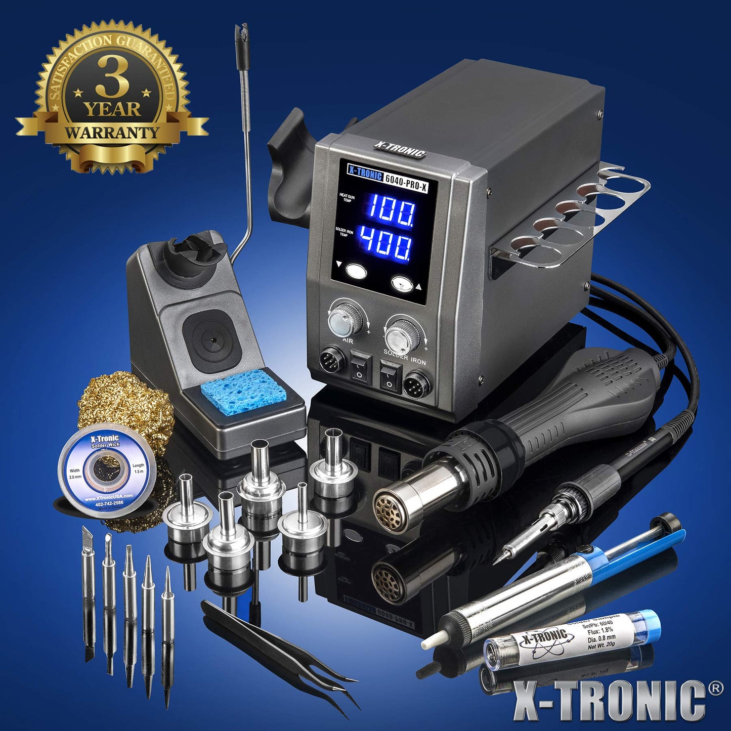 X-Tronic 6040-PRO-X • Platinum Series • 700 Watt • Hot Air Rework Soldering Iron Station • Digital Temp Controls, C/F Func, 0-30 Min Sleep, Auto Cool Down, Mute/Unmute Sound & Patented Nozzle Holder!