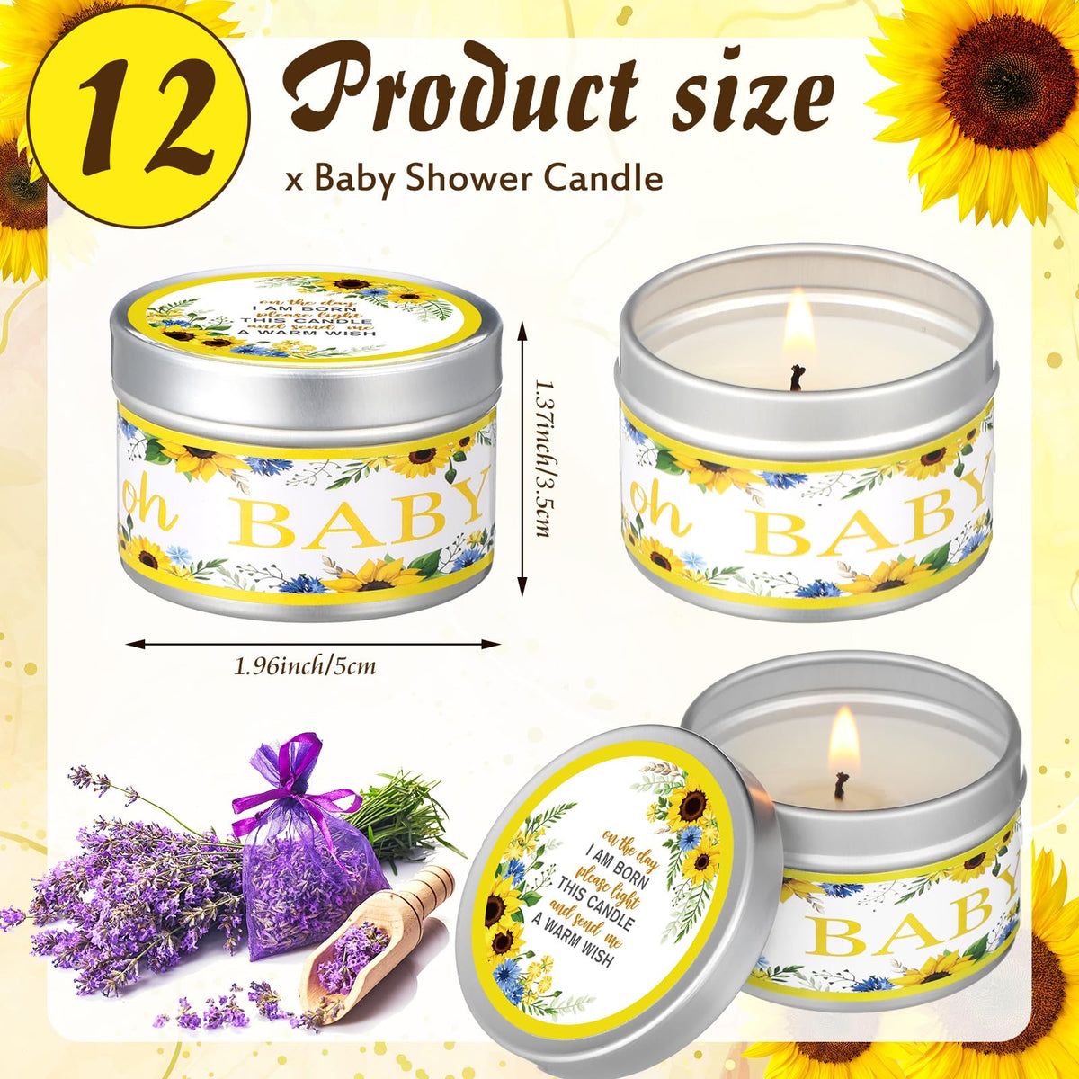Funtery 12 Pcs Baby Shower Party Favors for Guests Baby Shower Candles Lavender Scented Candle Rustic Tealights Candles Gender Reveal Return Gifts(Sunflower)