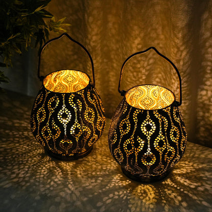 TRIROCKS Set of 2 Moroccan Decorative Lamps 8'' High Cordless Lamp Metal Table Lamps with Fairy Lights Bulb for Home Living Room Garden Yard Party Events Tabletop Indoor Outdoor(Black)