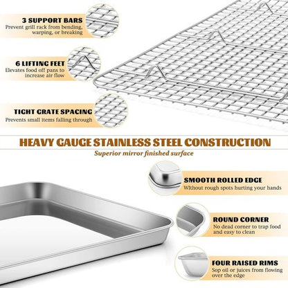 E-far Half Sheet Baking Pan Set - 18”x13” Stainless Steel Cookie Sheet with Wire Cooling Rack - Dishwasher Safe