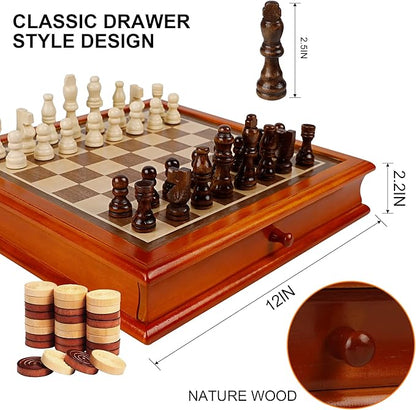 Juegoal 12-Inch Wooden Chess &amp Checkers Set with Storage Drawer Portable Board Games for Kids and Adults