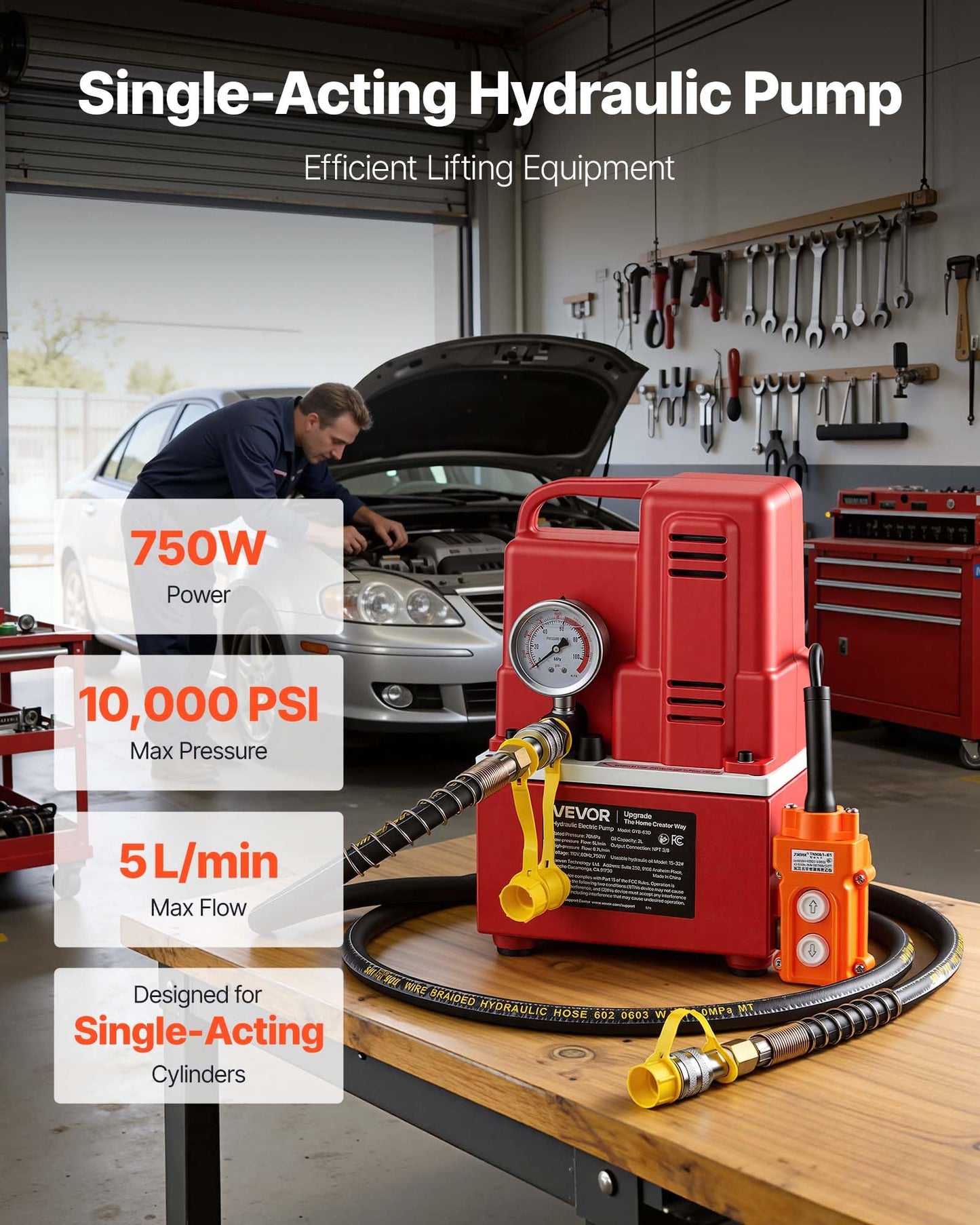 VEVOR Electric Hydraulic Pump, 750W 10,000 PSI, 120V Single Acting Electric Driven Hydraulic Pump Power Pack Unit, with Solenoid Valve, 0.53 Gallon / 2L, for Punching, Bending, Single Acting Cylinders