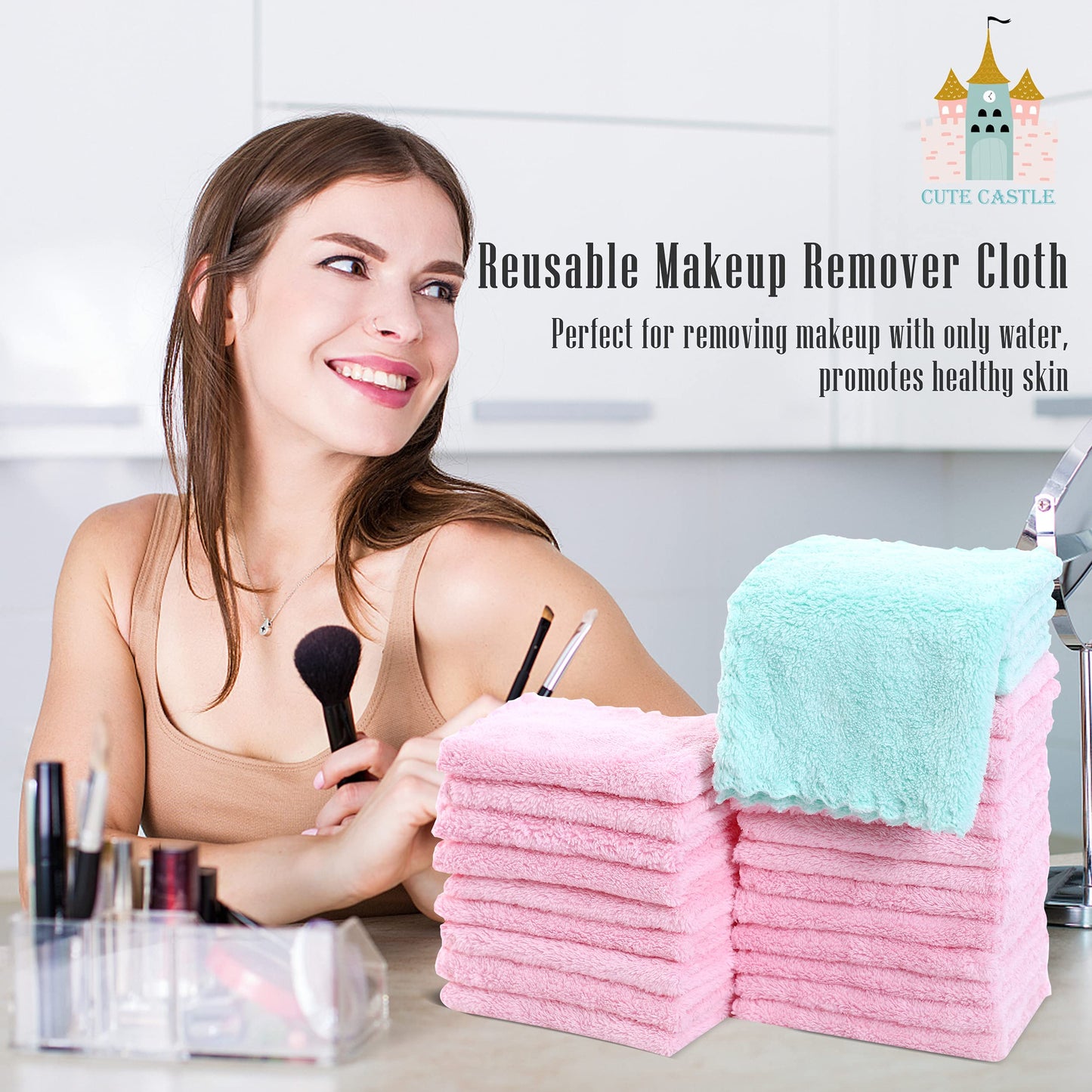 24 Count Premium Soft Makeup Remover Cloths - Microfiber Facial Cloths Fast Drying Washcloths - Highly Absorbent Makeup Remover Towel (Pink-Blue, 7x9 Inch)