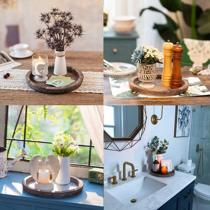 Rustic Wooden Serving Tray - Candle Holder, Round Coffee Table Decor, Home Centerpiece (11.14 in)